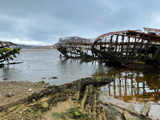 Ship graveyard in Teriberka Bay, Barents Sea, Russia