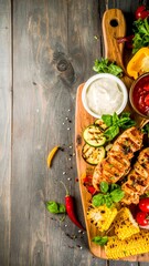 Grilled meat and vegetable platter on a wooden board