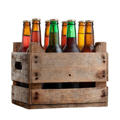 Wooden crate filled with vintage beer bottles. Isolated white background. Png format