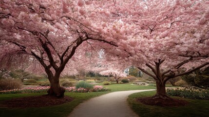 Serene Cherry Blossom Trees in Springtime Garden Pathway