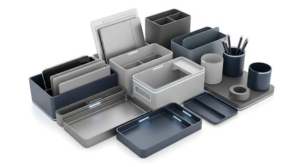 Modern gray and blue desk organizer set, neatly arranged with various compartments and trays for efficient workspace organization.