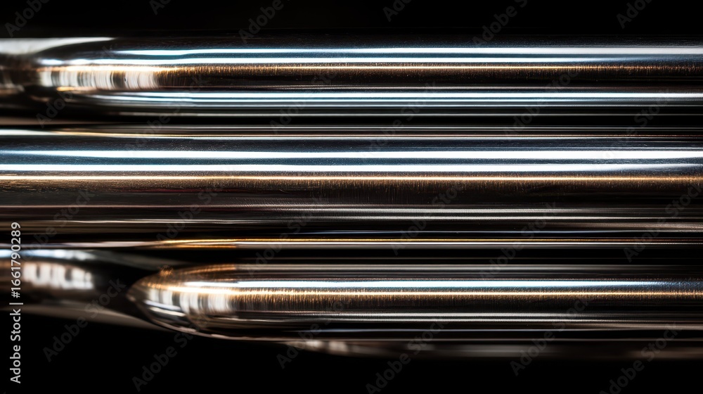 Poster close-up view of shiny chrome pipes reflecting light patterns
