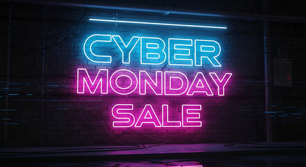 Cyber Monday Sale Glowing Neon Sign on Brick Wall Background for Advertising and Promotion Event Special Discounts Season with Light Effects