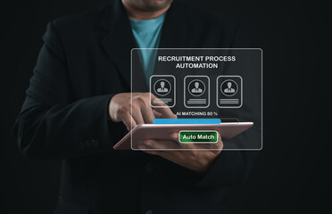 AI recruitment automation system on digital tablet, representing candidate matching, hiring technology, human resource management, and smart solutions for efficient recruitment process.