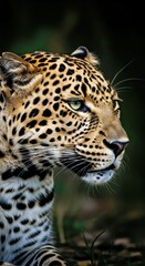 Fototapeta premium Professional photorealistic low-key profile portrait of a vigilant leopard.