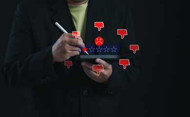 Negative one-star customer review on digital tablet, symbolizing poor service feedback,...