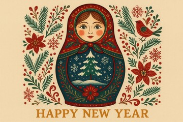 Obraz premium Traditional holiday Russian nesting doll with pine branches and floral ornament in festive new year scene