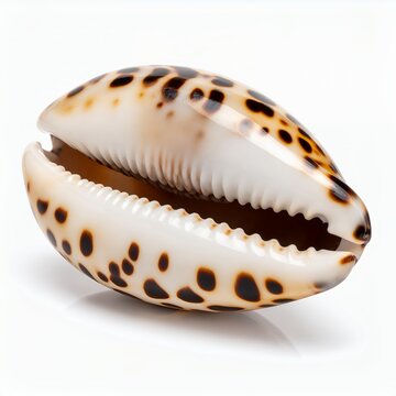 Polished cowrie seashell showcasing smooth surface and brown spots isolated on white background