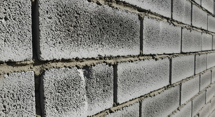 A textured gray block wall presents a strong, linear pattern, showcasing the rough surface and simple construction with visible mortar under sunlight that creates shadows for depth and dimension.