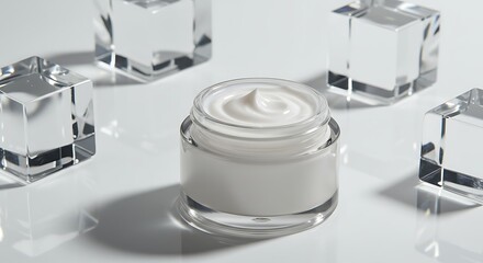 Elegant Glass Jar of Cream Surrounded by Decorative Transparent Cubes