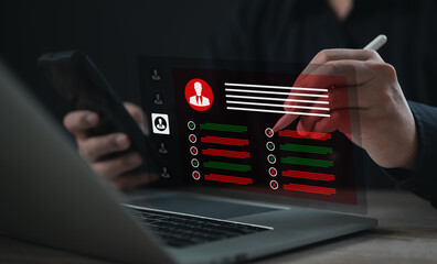 Digital interface showing employee checklist with approval and rejection marks, representing staff...