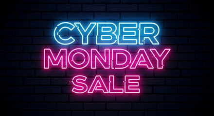 Cyber Monday Sale Neon Sign on Brick Wall for Online Shopping Promotion and Holiday Season Marketing and Advertising