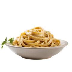 Bowl of fettucini alfredo isolated on white background
