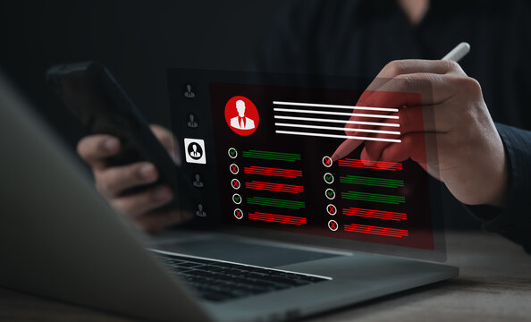 Digital interface showing employee checklist with approval and rejection marks, representing staff performance review, task evaluation, HR management, productivity monitoring in workplace systems.