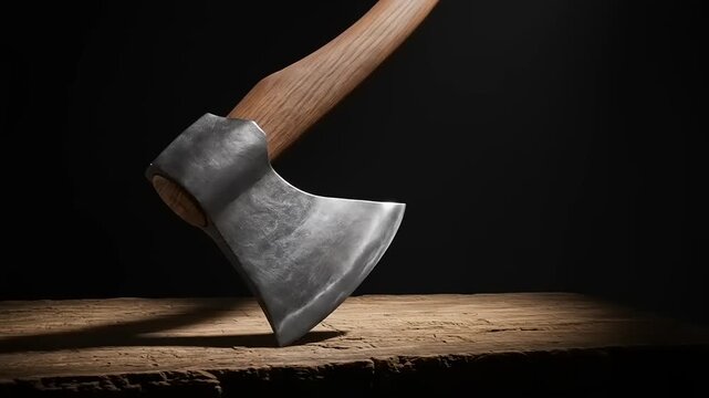 A close-up of a swinging axe above a wooden chopping block in a dimly lit environment