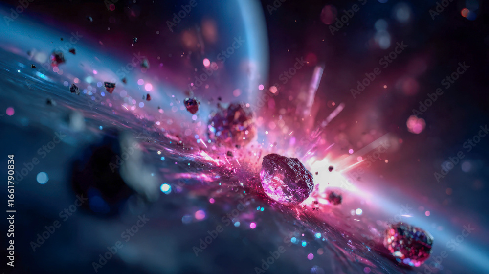 Poster abstract cosmic scene with glowing asteroids and colorful explosion in deep outer space
