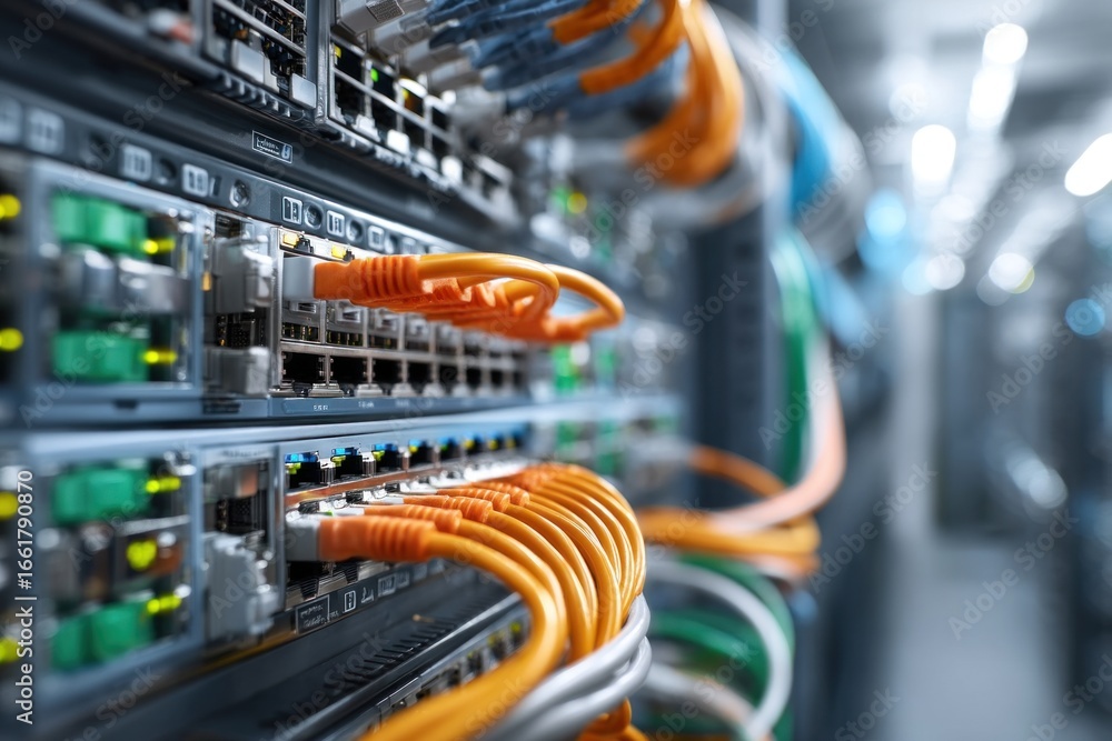Poster numerous network cables are neatly organized within a modern data center, facilitating connectivity 