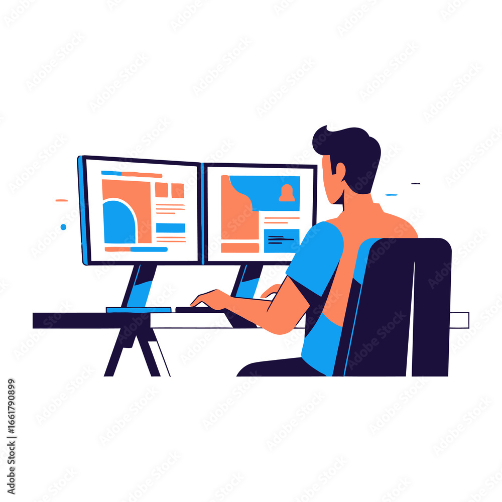 Poster digital workspace: a vector illustration depicts a professional engrossed in his work at a modern di