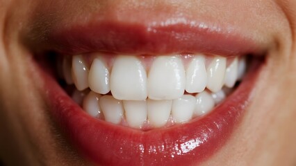 Obraz premium Close-up of a bright, healthy smile with white teeth and glossy lips