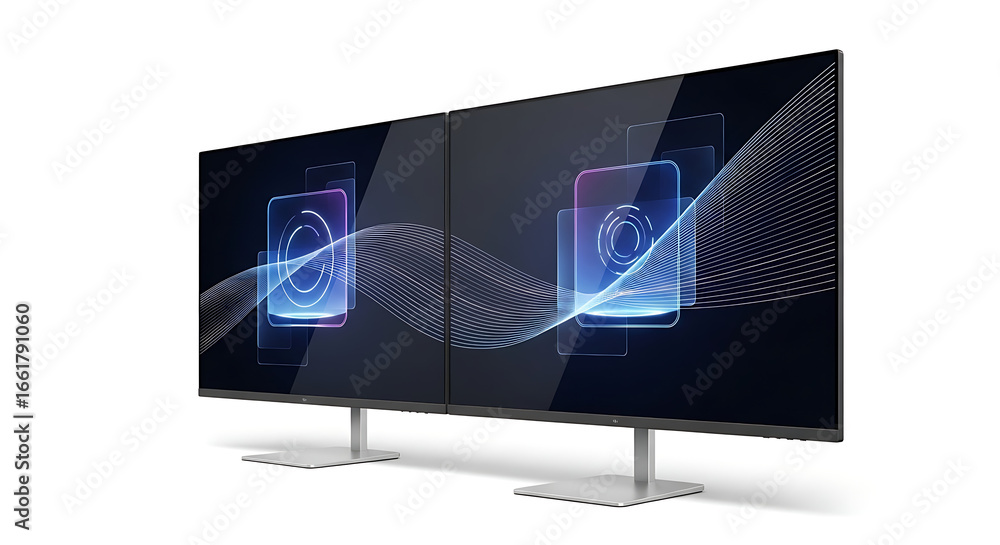 Poster two large, connected computer monitors display abstract digital graphics and light effects, showcasi