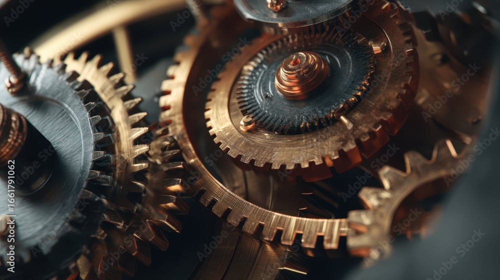 Poster close-up view of gears and machinery in motion for technical use