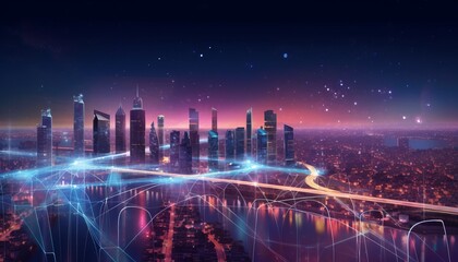 Smart city and abstract dot point connect with line design ,big data connection technology concept .Blur effect is applied 4