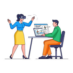 Virtual Reality Training Session: An illustration showcases a person immersed in a virtual reality experience, with another person interacting and providing guidance during a training session