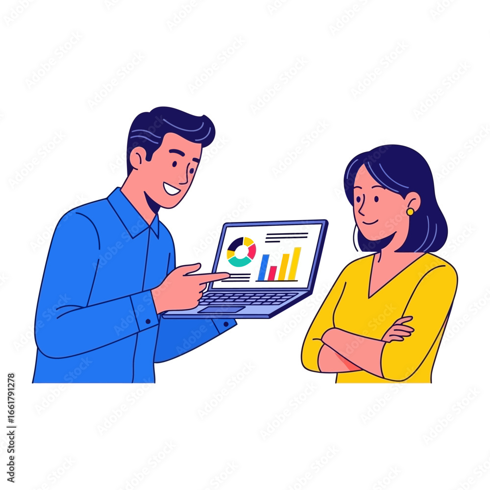 Poster analyzing data and collaboration: a man explains data charts to a woman on a laptop, showcasing coll