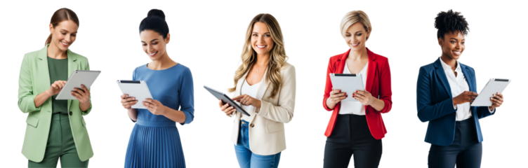 Collection of business women using tablet isolated on white or transparent background