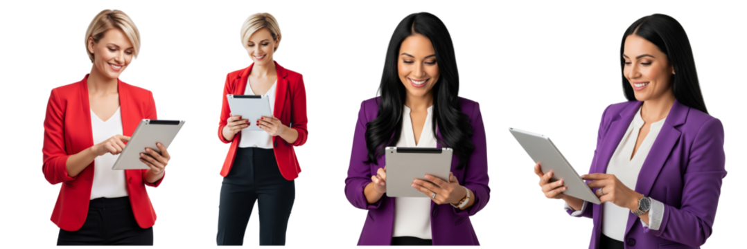 Collection of business women using tablet isolated on white or transparent background - Powered by Adobe