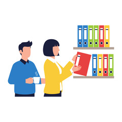 Workspace Collaboration: Illustrative view of a business duo interacting within a contemporary workspace, focused on documentation and cooperative activities.