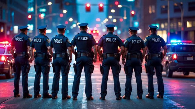 Group of police officers standing in formation with patrol cars and flashing lights on busy city street at night