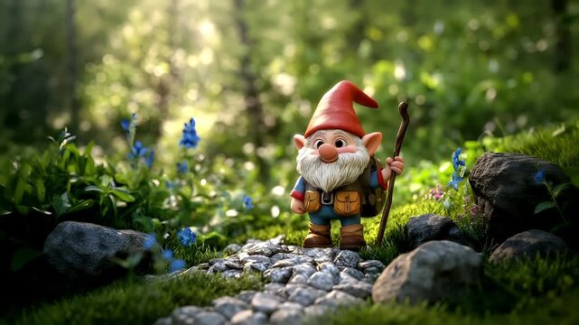3D garden gnome with walking stick and backpack in forest setting.