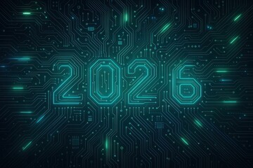 Neon illuminated 2026 digits integrated in futuristic blue circuit board digital tech interface design