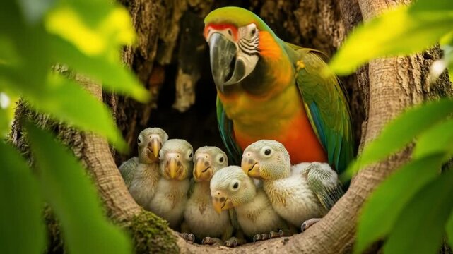 A Blue-Headed Parrot and Her Babies in a Nest