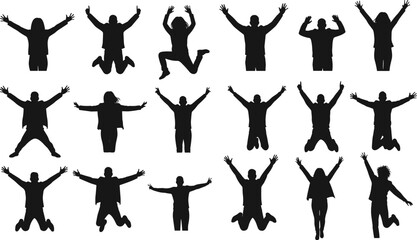 Silhouettes of Jumping Happy People, Vector Set of Celebrating Men and Women, Joyful Movement, Excited Emotion, Isolated on White Background