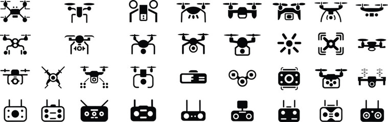 Drone icons, quadcopter symbols, aerial photography equipment, remote control gadgets, flying technology, UAV design, aviation elements, innovation signs, flat vector illustration