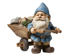 Garden gnome statue with blue hat and wheelbarrow filled with rocks and plants, cheerful expression, outdoor decoration, whimsical garden ornament