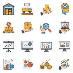 Business logistics and finance icons showing delivery analysis and growth