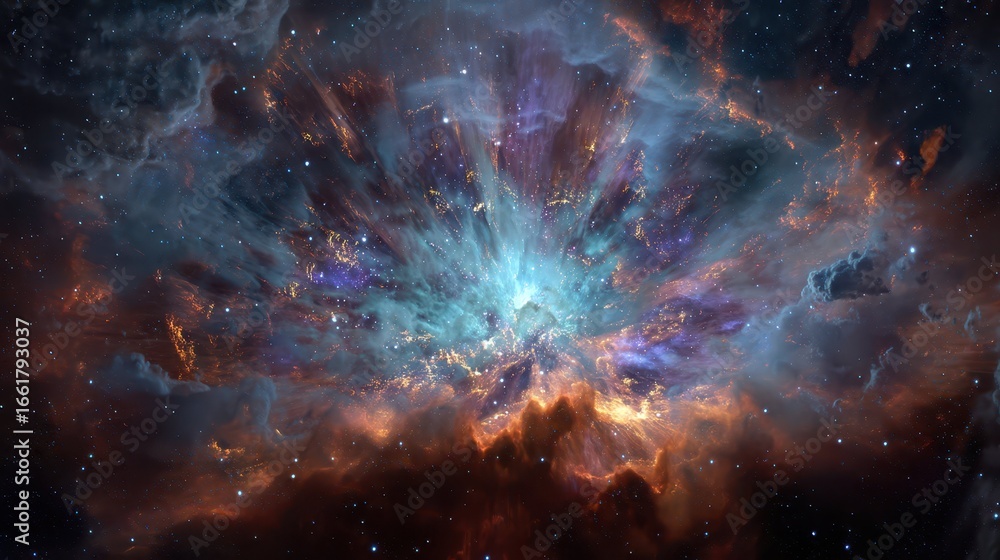 Poster cosmic explosion in deep space with colorful nebula and stars