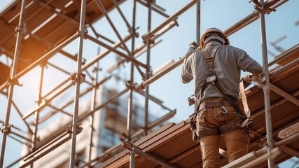 Construction worker wearing safety gear climbs scaffolding at a building site, symbolizing labor, industry, and urban development. - Powered by Adobe