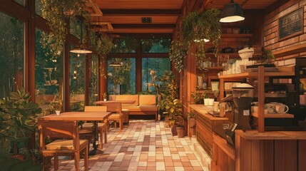 Fototapeta premium Cozy Coffee Shop Interior with Warm Wooden Tones and Greenery
