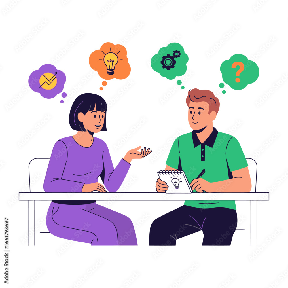 Poster brainstorming session: two individuals share ideas during a dynamic brainstorming session, symbolize