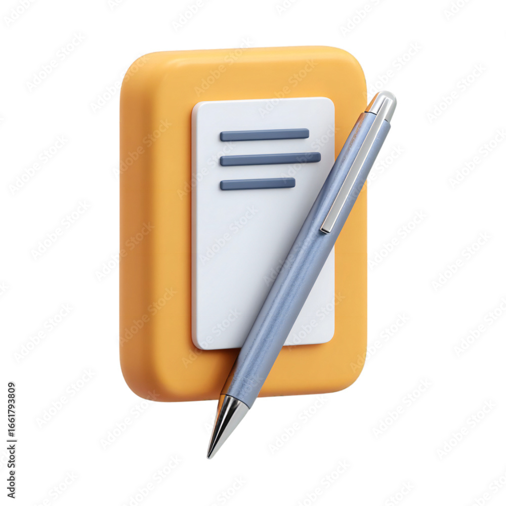 Poster 3d illustration of a digital document with lines and a pen, isolated on transparent background