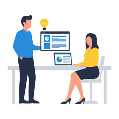 Business Collaboration Illustrated: A visually dynamic image showcasing two business professionals collaborating on digital data, underscored by the spark of innovation and shared purpose.