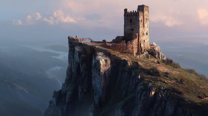 Fototapeta premium Crumbling Fortress at the Edge of a Cliff Overlooking a Landscape