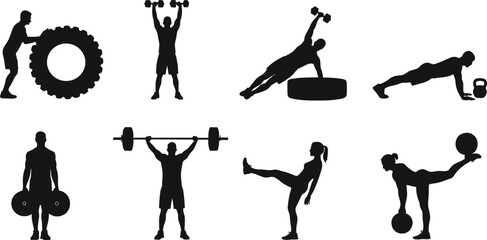 Silhouettes of men and women performing strength training exercises with weights, kettlebells, tires, and gym equipment for fitness motivation