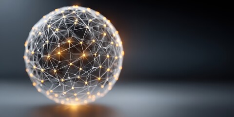 Glowing, abstract sphere showcases complex network connections. Digital structure conveys concepts such as connectivity, data, technology, communication, cyberspace, future, innovation, as well as