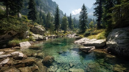 Fototapeta premium Crystal Clear Alpine Stream Surrounded by Majestic Pine Trees