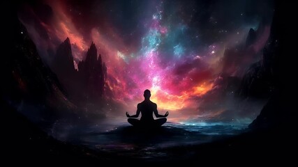 A vivid, cosmicthemed digital artwork featuring a silhouette of a person meditating amidst a cosmic backdrop. The person is depicted in a meditative pose.